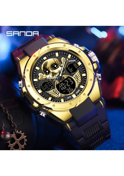Erkekler Için Yeşil Kafatası Kuvars Izle Sanda Moda Aydınlık Erkek Yaratıcı Saatler Yeni Ürün Dijital Spor Su Geçirmez Saat (Yurt Dışından)