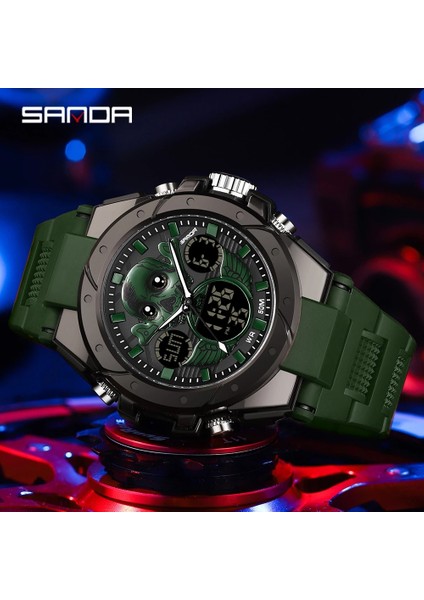 Erkekler Için Yeşil Kafatası Kuvars Izle Sanda Moda Aydınlık Erkek Yaratıcı Saatler Yeni Ürün Dijital Spor Su Geçirmez Saat (Yurt Dışından)