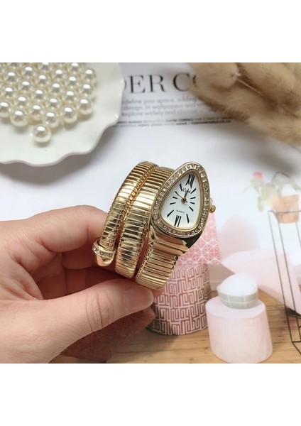Altın Beyaz Yeni Kadın Lüks Marka Izle Yılan Kuvars Bayanlar Altın Izle Elmas Kol Saati Kadın Moda Bilezik Saatler Saat Reloj Mujer (Yurt Dışından)
