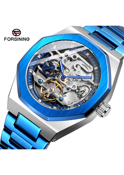 Mavi Forsining Tourbillon Hareket Saati Iş Otomatik Erkek Kare Mekanik Saatler Erkekler Bilek Su Geçirmez Relogio Masculi Saat (Yurt Dışından)
