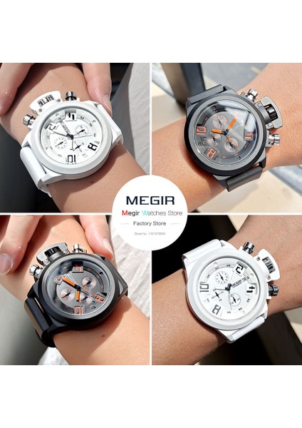 2002-BLACK-BOX Megir Moda Erkek Silikon Bant Spor Kuvars Bilek Saatler Analog Ekran Kronograf Takvimli Adam Için Siyah Saat 2002 (Yurt Dışından)