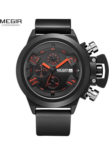 2002-BLACK-BOX Megir Moda Erkek Silikon Bant Spor Kuvars Bilek Saatler Analog Ekran Kronograf Takvimli Adam Için Siyah Saat 2002 (Yurt Dışından)