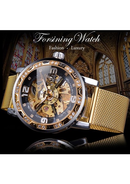 GMT1201-7 Forsining Elmas Altın Mekanik Saat Paslanmaz Çelik Hasır Bant Aydınlık El Erkekler Saatler Spor Iş Kol Saati (Yurt Dışından) fırsatları
