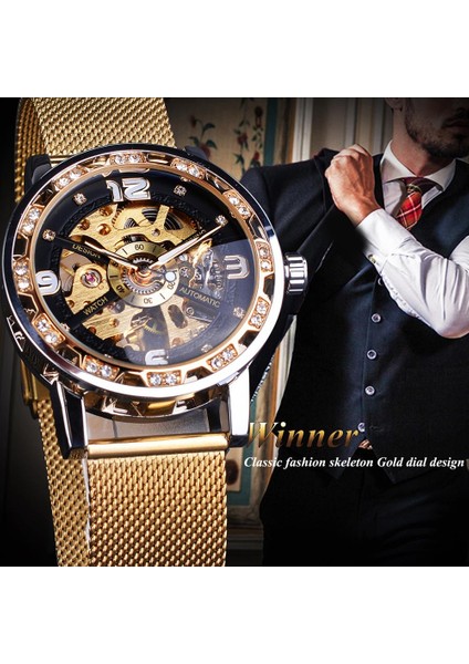 GMT1201-7 Forsining Elmas Altın Mekanik Saat Paslanmaz Çelik Hasır Bant Aydınlık El Erkekler Saatler Spor Iş Kol Saati (Yurt Dışından) indirimleri