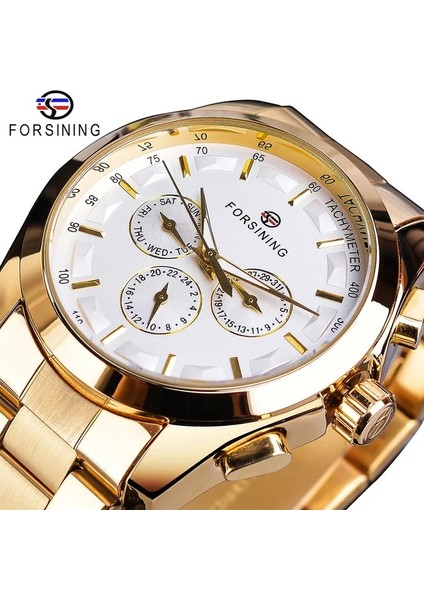 S899-7 Forsining Siyah Iş Mekanik Erkek Izle Otomatik 3 Alt Kadran Tarih Altın Çelik Band Elbise Kol Saati Saat Saat Reloj (Yurt Dışından)