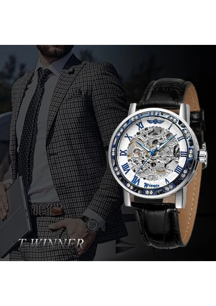 Siyah Mavi Gümüş T-Kazanan Moda Elmas Erkek Mekanik Saat Lüks El Rüzgar Su Geçirmez Aydınlık Erkek Kol Saatleri Montre Homme (Yurt Dışından)