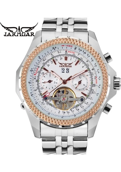 Gümüş Siyah Jaragar Alaşım Mekanik Saat Çift Halka Pin Ölçekli Mekanik Saat Takvim Haftası Gümüş Çelik Kayış Kol Saati (Yurt Dışından) fırsatları