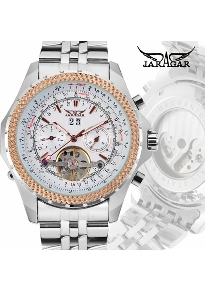 Gümüş Siyah Jaragar Alaşım Mekanik Saat Çift Halka Pin Ölçekli Mekanik Saat Takvim Haftası Gümüş Çelik Kayış Kol Saati (Yurt Dışından) indirimleri