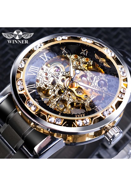 S1089-7 Kazanan Erkek Saatler Lüks Rhinestone Roma Siyah Paslanmaz Çelik Bant Iş Mekanik Saat Spor Saat Relogio Masculino (Yurt Dışından) fiyatları