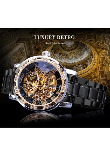 S1089-7 Kazanan Erkek Saatler Lüks Rhinestone Roma Siyah Paslanmaz Çelik Bant Iş Mekanik Saat Spor Saat Relogio Masculino (Yurt Dışından) modelleri