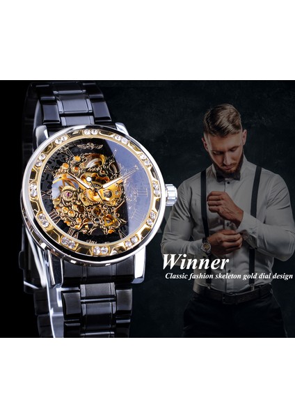 S1089-7 Kazanan Erkek Saatler Lüks Rhinestone Roma Siyah Paslanmaz Çelik Bant Iş Mekanik Saat Spor Saat Relogio Masculino (Yurt Dışından) fırsatları
