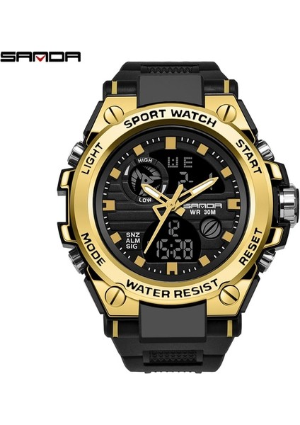 739 Siyah Altın Sanda Moda Altın Kasa Erkek Saatler Spor Kronograf Hd Çift Ekran Kuvars Izle 50M Suya Dayanıklı Aydınlık Reloj Hombre (Yurt Dışından)