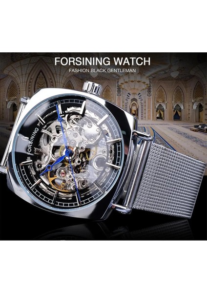 W1076-2 Forsining Yeni Moda Mekanik Saat Erkekler Için Kare Otomatik Analog Gümüş Ince Örgü Çelik Bant Izle Relojes Hombre (Yurt Dışından) modelleri