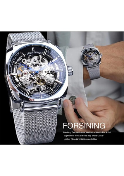 W1076-2 Forsining Yeni Moda Mekanik Saat Erkekler Için Kare Otomatik Analog Gümüş Ince Örgü Çelik Bant Izle Relojes Hombre (Yurt Dışından) fırsatları