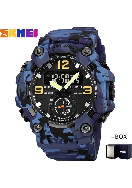 Mavi Kamuflaj Kutusu Skmeı Erkekler Askeri Izle 3 Zaman Chrono Su Geçirmez Kol Saati LED Dijital Saat Erkek Relogios Masculino 1965 Spor Saatleri Erkek (Yurt Dışından)