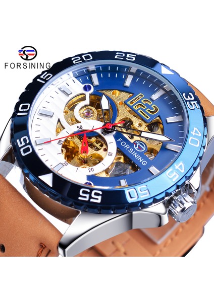 GMT1155-5 Forsining Benzersiz Erkek Saat Otomatik Yaratıcı Yarım Mavi Beyaz Içi Boş Kadran Hakiki Deri Mekanik Saat Moda Relojes 2019 (Yurt Dışından) fiyatları