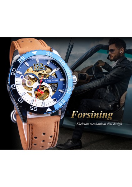 GMT1155-5 Forsining Benzersiz Erkek Saat Otomatik Yaratıcı Yarım Mavi Beyaz Içi Boş Kadran Hakiki Deri Mekanik Saat Moda Relojes 2019 (Yurt Dışından) fırsatları