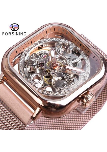 GMT1148-5 Forsining Mavi Saatler Erkek Otomatik Mekanik Moda Elbise Kare Kol Saati Ince Örgü Çelik Bant Analog Saat (Yurt Dışından)