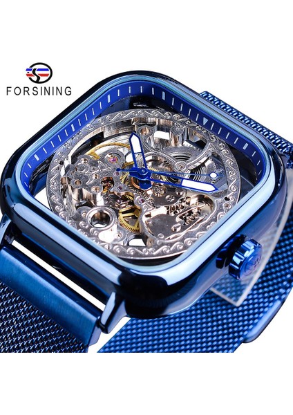 GMT1148-5 Forsining Mavi Saatler Erkek Otomatik Mekanik Moda Elbise Kare Kol Saati Ince Örgü Çelik Bant Analog Saat (Yurt Dışından)