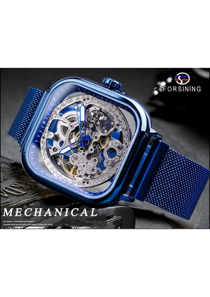 GMT1148-5 Forsining Mavi Saatler Erkek Otomatik Mekanik Moda Elbise Kare Kol Saati Ince Örgü Çelik Bant Analog Saat (Yurt Dışından)
