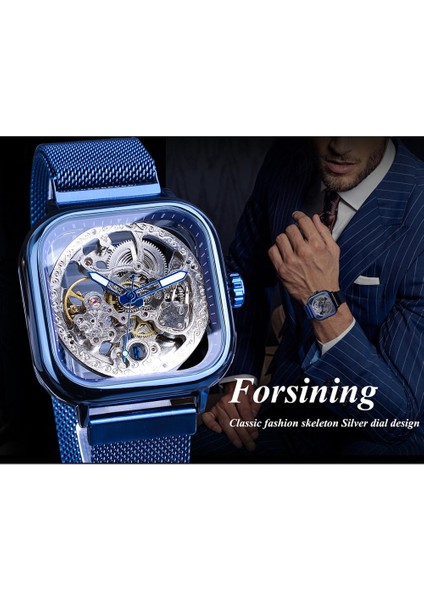 GMT1148-5 Forsining Mavi Saatler Erkek Otomatik Mekanik Moda Elbise Kare Kol Saati Ince Örgü Çelik Bant Analog Saat (Yurt Dışından)