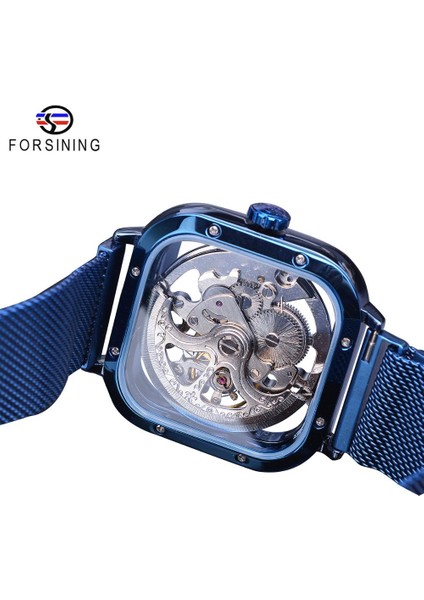 GMT1148-5 Forsining Mavi Saatler Erkek Otomatik Mekanik Moda Elbise Kare Kol Saati Ince Örgü Çelik Bant Analog Saat (Yurt Dışından)