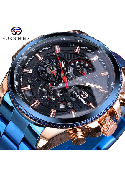GMT1137-15 Forsining Üç Kadranlı Takvim Paslanmaz Çelik Erkek Mekanik Otomatik Bilek Saatler Üst Marka Lüks Askeri Spor Erkek Saat (Yurt Dışından)