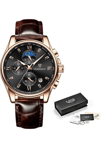 Gül Altın Siyah 2022 Lıge Saatler Erkek Üst Marka Lüks Saat Rahat Leathe 24 Saat Ay Evreleri Erkekler Izle Spor Su Geçirmez Kuvars Chronograph + Kutu (Yurt Dışından)