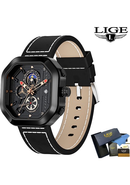Tüm Siyah Lıge Erkekler Kuvars Saatler Deri Kayış Otomatik Tarih Saat Erkek Moda Rahat Analog Büyük Izle Adam Kol Saatleri Relogio Masculino (Yurt Dışından)