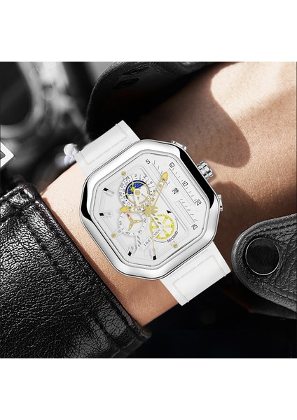 Tüm Siyah Lıge Erkekler Kuvars Saatler Deri Kayış Otomatik Tarih Saat Erkek Moda Rahat Analog Büyük Izle Adam Kol Saatleri Relogio Masculino (Yurt Dışından)