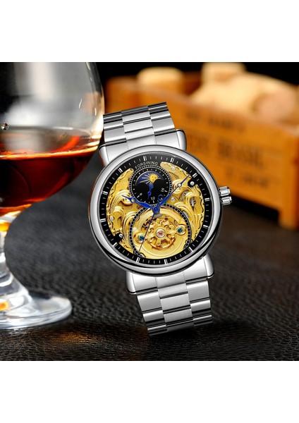 Altın Siyah Forsınıng Klasik Kraliyet Otomatik Ayfazı Erkek Kol Saati Paslanmaz Çelik Iş Adamı Mekanik Saat Montre Homme (Yurt Dışından) modelleri