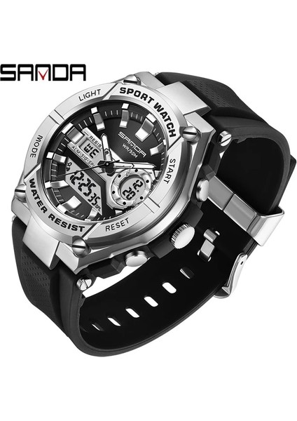 Siyah Gümüş Sanda Askeri Spor Izle Erkekler Üst Marka Lüks LED Dijital Kol Saati Chronograph Erkek Kuvars Saat Erkekler Relogio Masculino (Yurt Dışından)