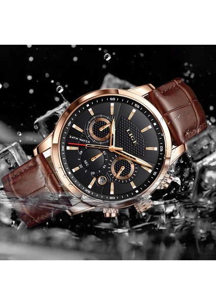 Gül Altın Siyah Lıge Erkekler Için Lüks Marka Spor Saatler Deri Izle Su Geçirmez Kol Saati Adam Saat Moda Chronograph Relogio Masculino + Kutu (Yurt Dışından)
