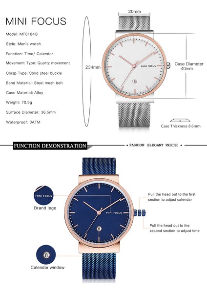 Rgwhıte Mını Focus 2019 Moda Minimalist Kuvars Erkek Saatler Üst Marka Lüks Ultra Ince Örgü Kayış Tarihi Mavi Kadran Kentsel Modern Saat (Yurt Dışından)
