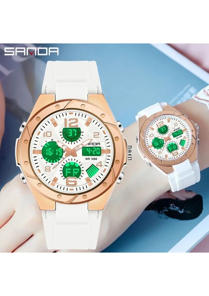 6067 Siyah Altın Sanda Moda Bayanlar Spor Dijital Saat LED Ikili Zaman Elektronik Kol Saatleri Kadın Saatleri Erkek Kız Çocuk Saat Saat (Yurt Dışından)