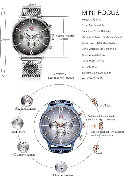 Sıyah Mını Focus Benzersiz Moda Izle Erkekler Kuvars Analog Saat Mavi Örgü Kayış 3 Alt Kadran Çok Fonksiyonlu Üst Marka Lüks Spor Saatler (Yurt Dışından)