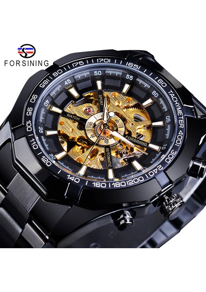 GMT893-8 Forsining Üst Marka Lüks Otomatik Mekanik Saat Siyah Altın Erkek Saatler Hollow Kol Saati Relogio Masculino (Yurt Dışından)