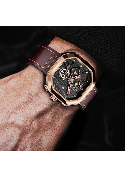 Gümüş Siyah Lıge Moda Kare Kadran Deri Erkek Saatler Lüks Spor Su Geçirmez Izle Adam Kronograf Kuvars Kol Saatleri Montre Homme + Kutu (Yurt Dışından)