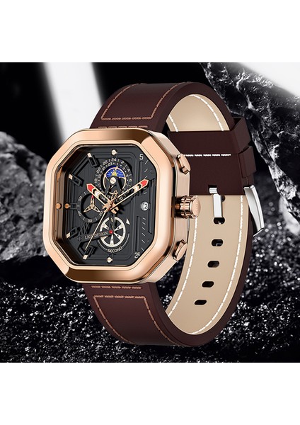 Gümüş Siyah Lıge Moda Kare Kadran Deri Erkek Saatler Lüks Spor Su Geçirmez Izle Adam Kronograf Kuvars Kol Saatleri Montre Homme + Kutu (Yurt Dışından)