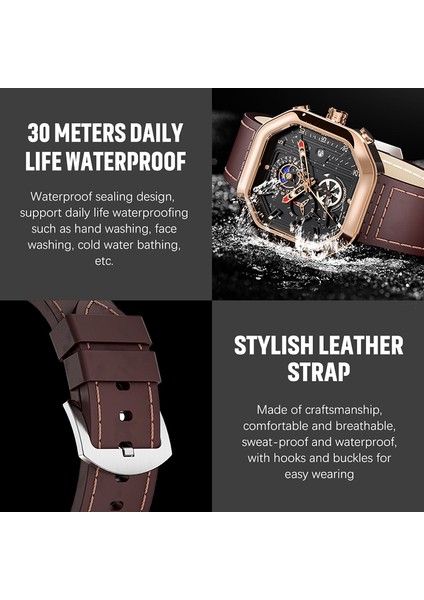 Gümüş Siyah Lıge Moda Kare Kadran Deri Erkek Saatler Lüks Spor Su Geçirmez Izle Adam Kronograf Kuvars Kol Saatleri Montre Homme + Kutu (Yurt Dışından)