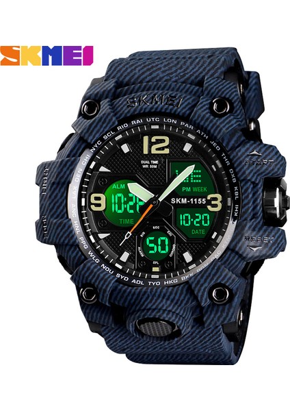 Denim Mavi Skmeı 2 Zaman Erkek Saati Erkek Elektronik Spor Saatler Kronometre Arka Işık Alarmı Su Geçirmez Kuvars Saat Reloj Hombre 1155B (Yurt Dışından)