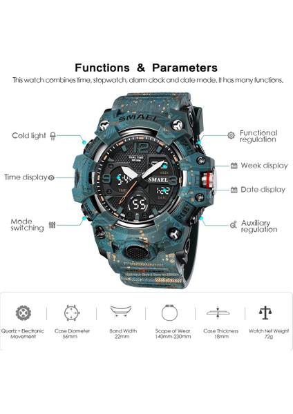 Camo Kara Kutu Smael Kamuflaj Spor Dijital Saat Erkekler Için Otomatik Tarih Kronograf Kuvars Analog Saatler Lüks LED Elektronik Kol Saati 8008 (Yurt Dışından)