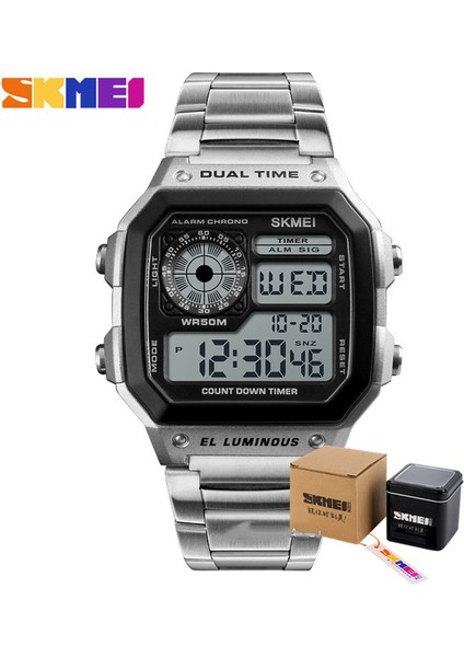 Kutu ile Gümüş Skmeı Reloj Deportivo Dijital Erkekler Saatler Erkekler Su Geçirmez Spor Izle Spor Paslanmaz Çelik Kol Saati Relojes Deportivos Zegarek (Yurt Dışından)