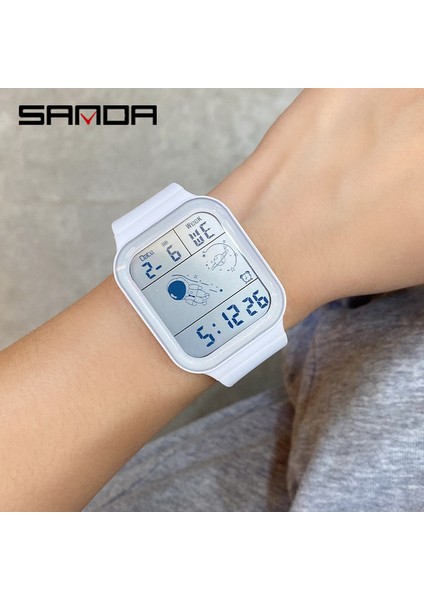 Beyaz Sanda Erkekler Saatler Dijital Yaratıcı Kare Kadın Izle Spor Elektronik Kol Saati 50 M Su Geçirmez Çok Fonksiyonlu Saat Reloj De (Yurt Dışından)