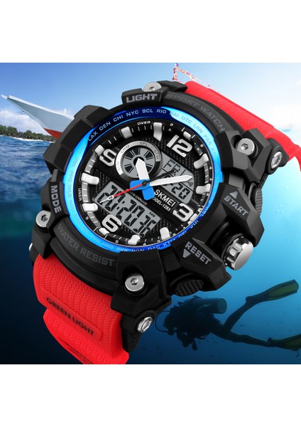 Siyah Kırmızı Skmeı Chronograph Spor Saatler Erkekler Kuvars Üç Zamanlı LED Dijital Saat Askeri Su Geçirmez Kol Saatleri Saat Reloj Hombre (Yurt Dışından)