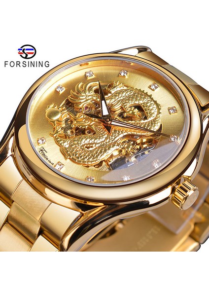 GMT1110-5 Forsining Altın Mekanik Izle Erkek Otomatik 3D Oyma Ejderha Çelik Bant Bilek Saatleri Lüks Üst Marka Kendinden Rüzgar (Yurt Dışından)