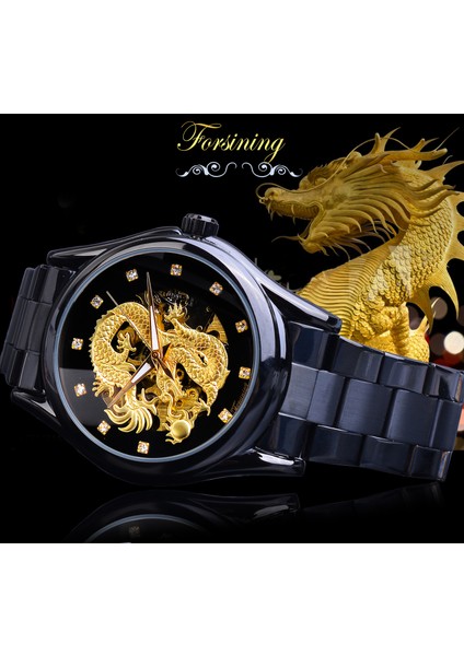 GMT1110-5 Forsining Altın Mekanik Izle Erkek Otomatik 3D Oyma Ejderha Çelik Bant Bilek Saatleri Lüks Üst Marka Kendinden Rüzgar (Yurt Dışından) fırsatları