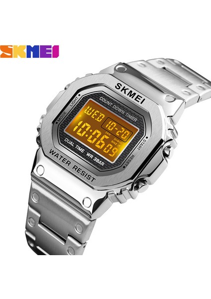 Gümüş Relogio Skmei 1456 Erkekler Dijital Saat Paslanmaz Çelik Kronograf Geri Sayım Kol Saati Şok LED Sprot Izle Skmei Montre Homm (Yurt Dışından)