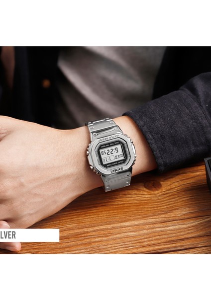 Gümüş Relogio Skmei 1456 Erkekler Dijital Saat Paslanmaz Çelik Kronograf Geri Sayım Kol Saati Şok LED Sprot Izle Skmei Montre Homm (Yurt Dışından) modelleri