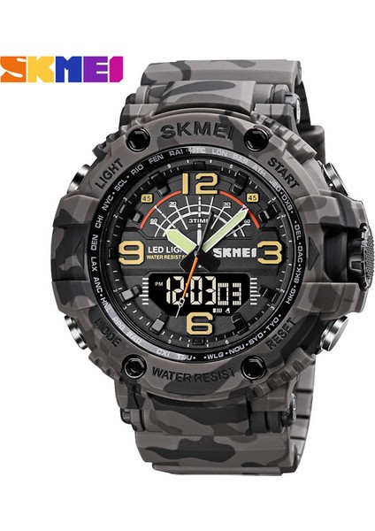 Gri Kamuflaj Lüks Spor Izle Erkekler 50BAR Su Geçirmez Askeri Spor Elektronik Saat Moda Erkekler Kronometre Geri Sayım Kol Saati Çalar Saat (Yurt Dışından)